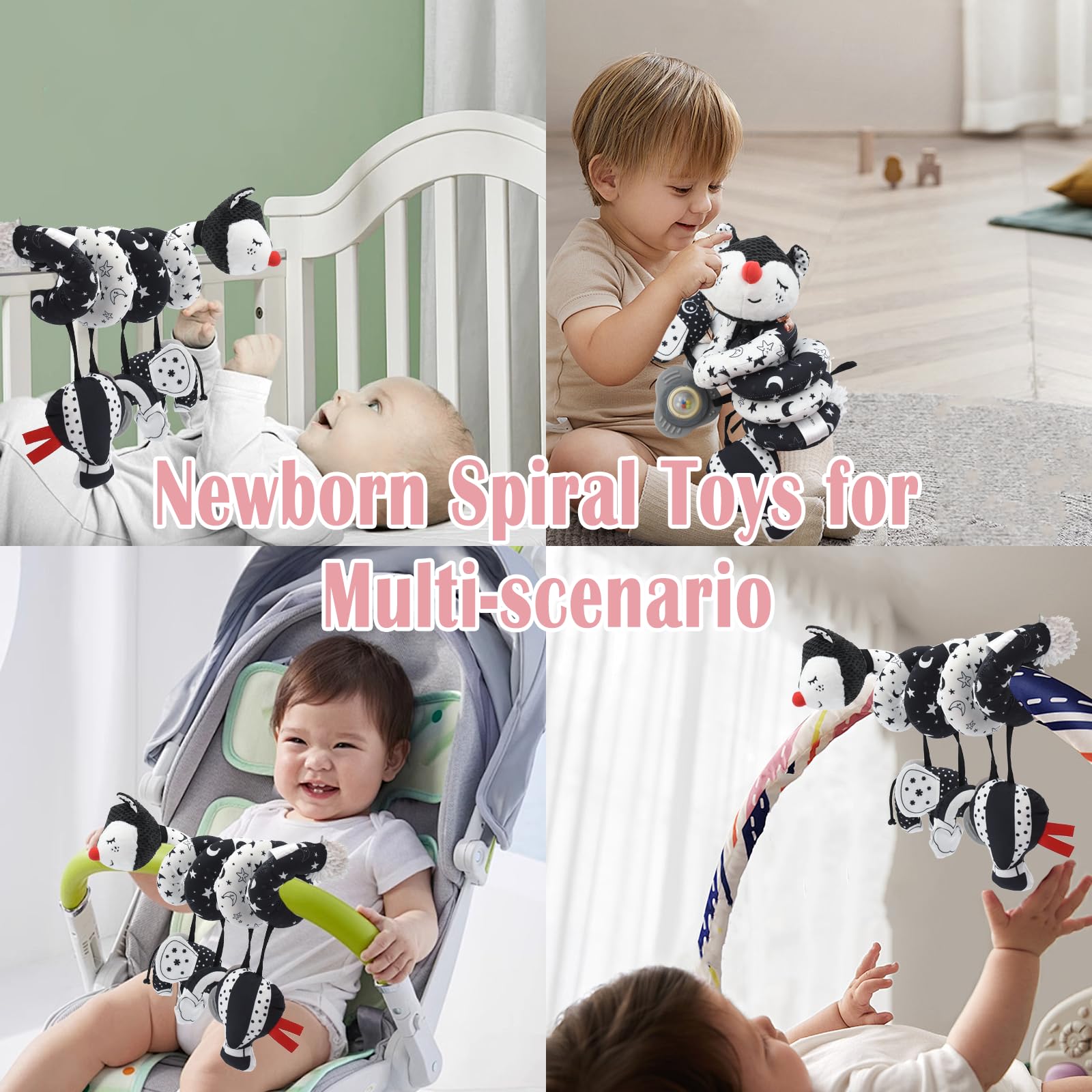Espiral Carro Bebe, Blanco y Negro Juguetes para Cochecito de Bebé, Juguetes Colgantes en Espiral para Silla de Coche y Cuna de Bebé Móvil, Juguete para Cochecito para bebés de 0 a 6 Meses