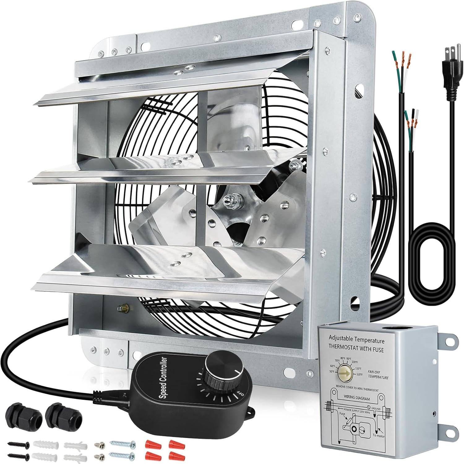 Hiorucet 14'' Shutter Exhaust Fan, High Performance Low Noise Garage Louvered Exhaust Fan Wall Mounted with Thermostat and Speed Controller for Greenhouse, Shop, Attics, Chicken Coop, Shed, Basement.