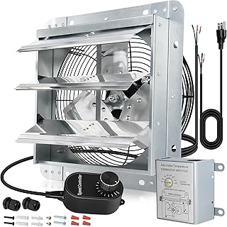 Hiorucet 14'' Shutter Exhaust Fan, High Performance Low Noise Garage Louvered Exhaust Fan Wall Mounted with Thermostat and Speed Controller for Greenhouse, Shop, Attics, Chicken Coop, Shed, Basement.