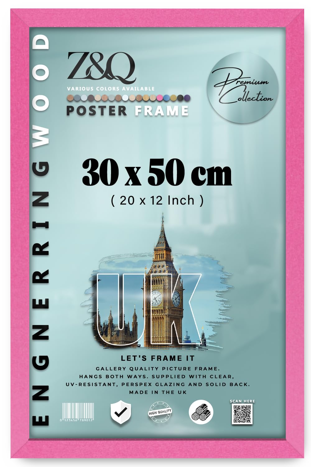 Z&Q - MDF Wood Finish (30 x 50 CM) Poster/Picture Frame | for Art Gallery, Room Wall Decor 20 x 12 Inch Portrait/Landscape Display [ Pink ] — image 1