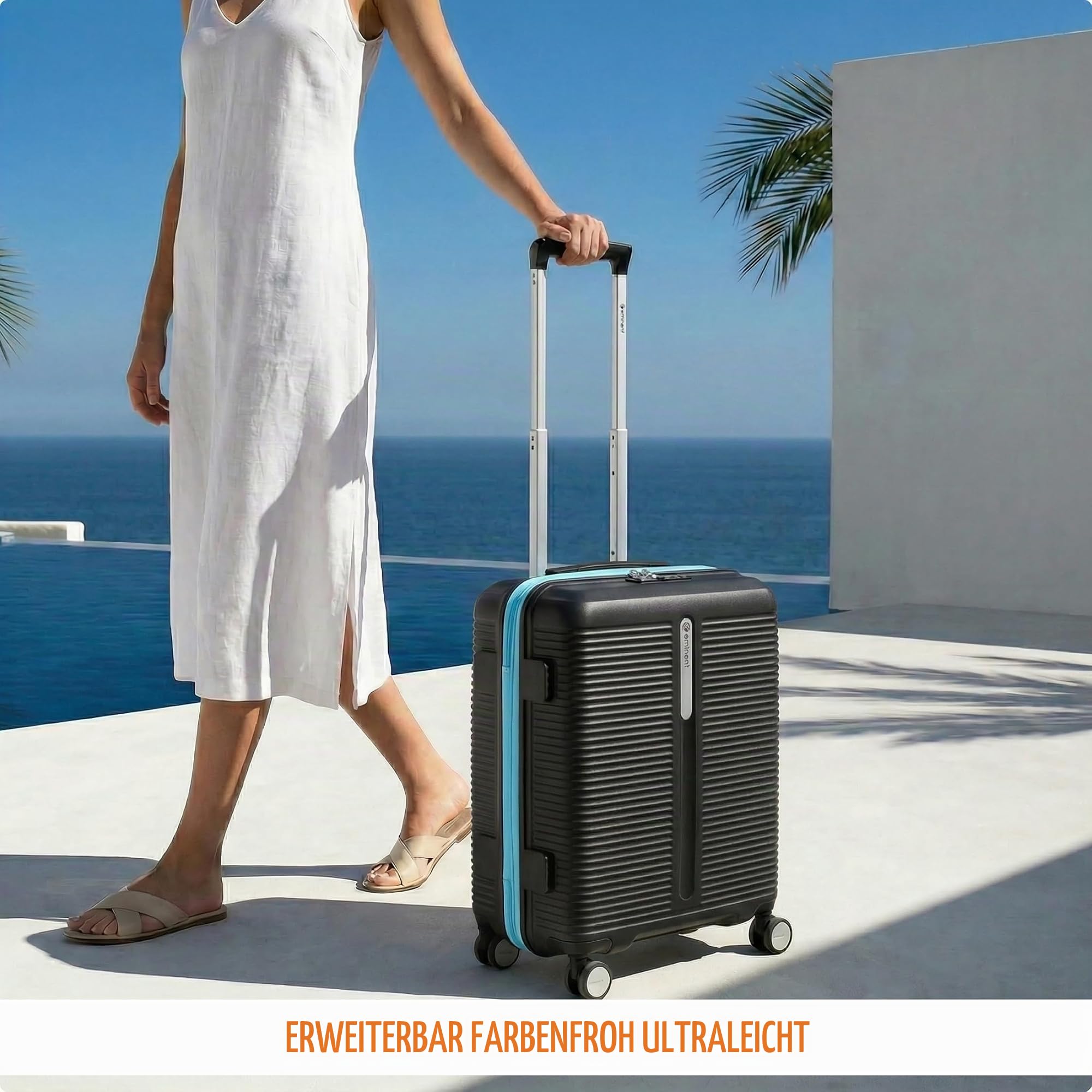 Eminent Finno Handgepäck Koffer 55x40x20, Hartschalenkoffer leicht | 2,5 kg ultraleicht, 39L, erweiterbar 55x40x20 auf 55x40x23, TSA Schloss, 4 Rollen, Kabinentrolley, Polypropylen, Schwarz