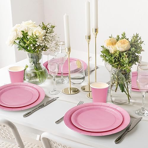 Miniatura 7 de Whaline Juego de vajilla desechable de 100 piezas, color rosa claro, 50 platos de papel, 25 servilletas, 25 vasos para 25 invitados, boda,