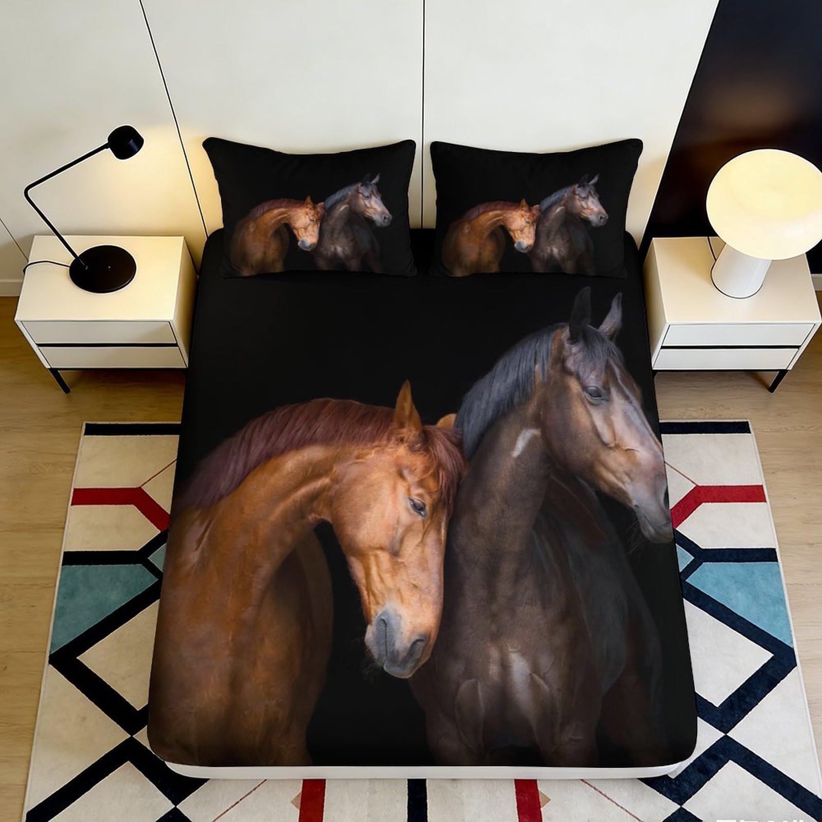 3D Printed Horses Fitted Sheet Microfiber Soft Breathable Horse Couple Bed Cover for Bedroom Dormitory Guest Room Mattress Protection Decor 120x200x25cm