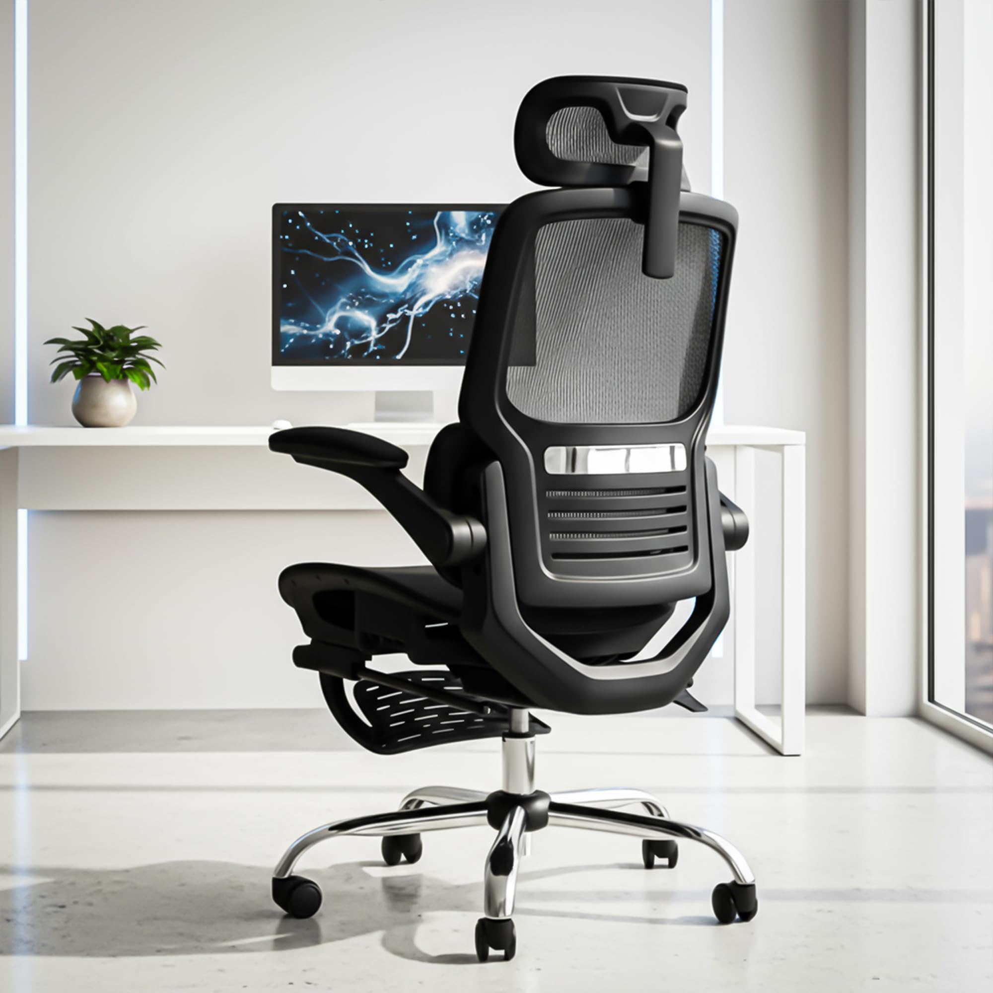DROGO Ergonex Ergonomic Office Chair for Work from Home with Mesh, Armrest, 2D Headrest & Lumbar Support | Computer Chair for Study | Gaming Chair with Footrest & Heavy Metal Base (Black)