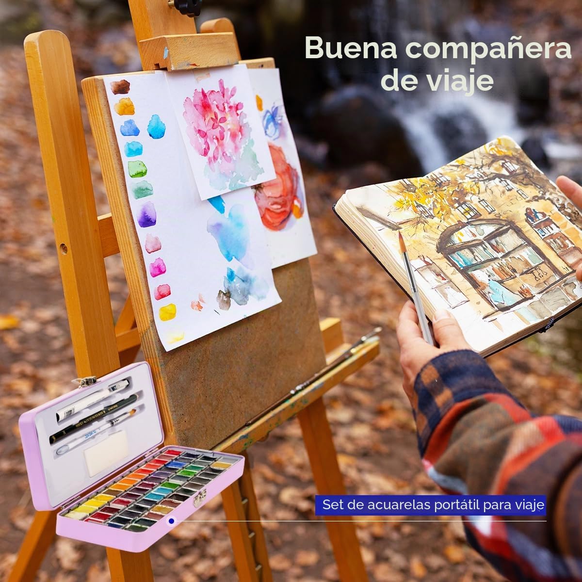 MeiLiang - Juego de acuarela de viaje, pintura de acuarela de 52 colores con 1 lápiz de dibujo, 1 pincel, 5 papeles de acuarela, 1 esponja y 1 bolígrafo de dibujo negro, juego de pintura de colores de