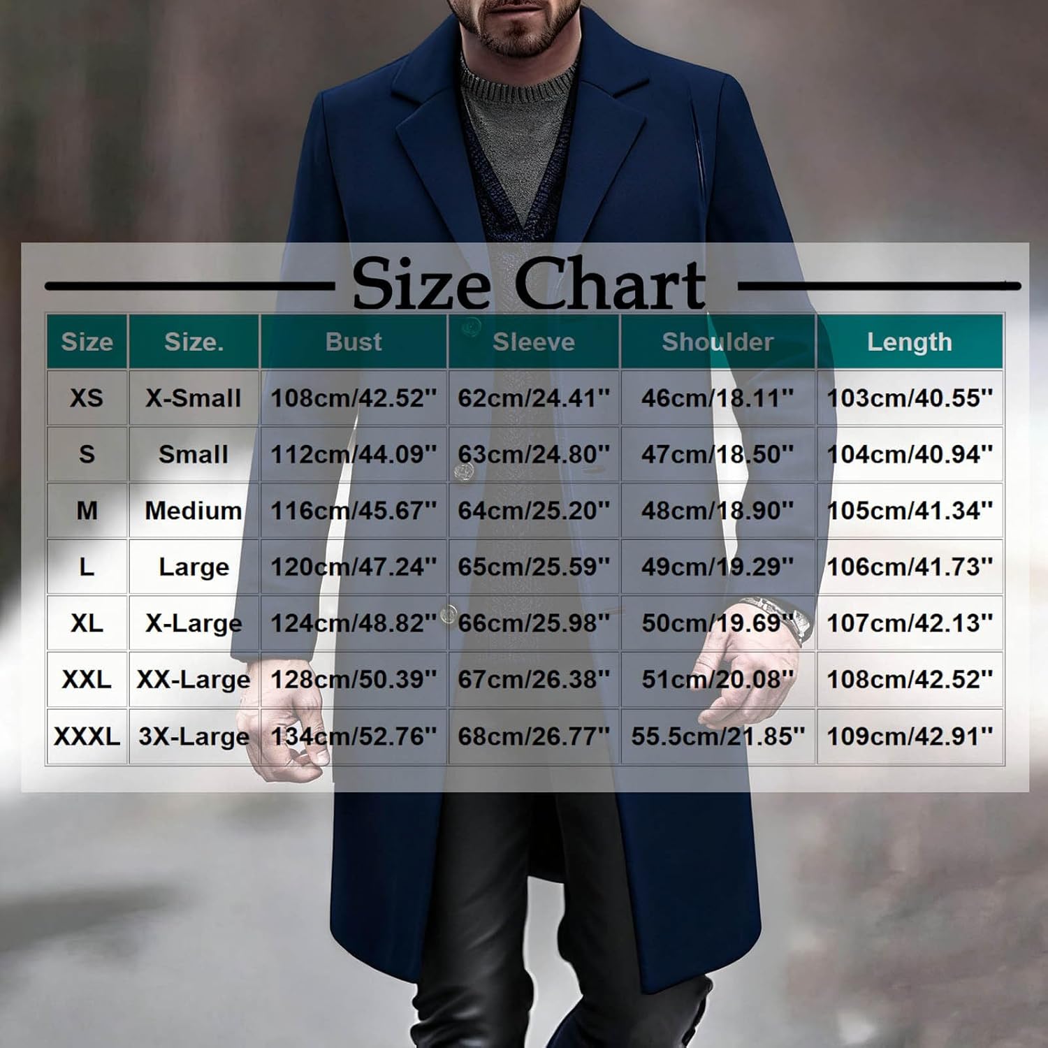 Mens Wool Blend Casual Trench Coat Notched Collar Lapel Long Peacoat Single Breasted Classic Winter Overcoat Jacket