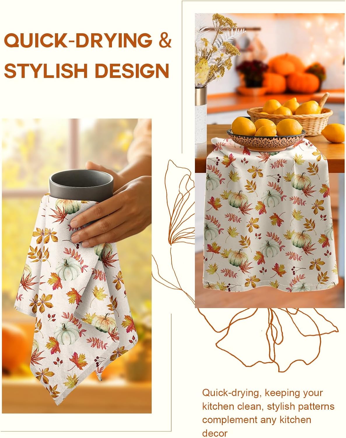 Flour Sack Kitchen Towels Set of 2-18x26 Inch Dish Towels with Hanging Loop Autumn Fall Absorbent Reusable Cotton Cloths for Cleaning Cute Design Home Decor Housewarming, Pumpkin Leaf - Image 4