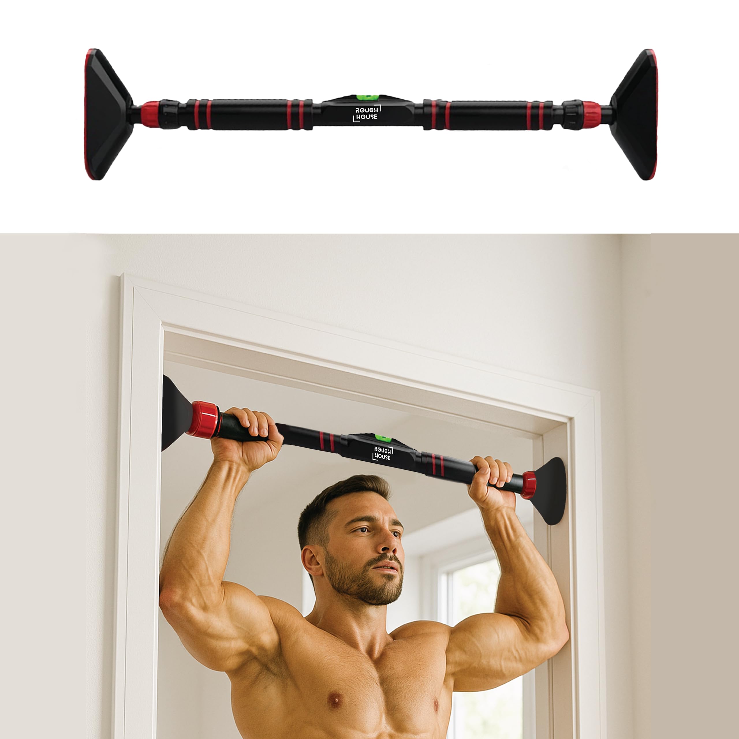 Roughhouse Adjustable Pull-Up Bar – No Drilling, Ultra-Secure Doorway Bar (75-94cm) | Heavy-Duty, 200kg Capacity | Home Gym Essential for Pull-Ups, Chin-Ups & Strength Training