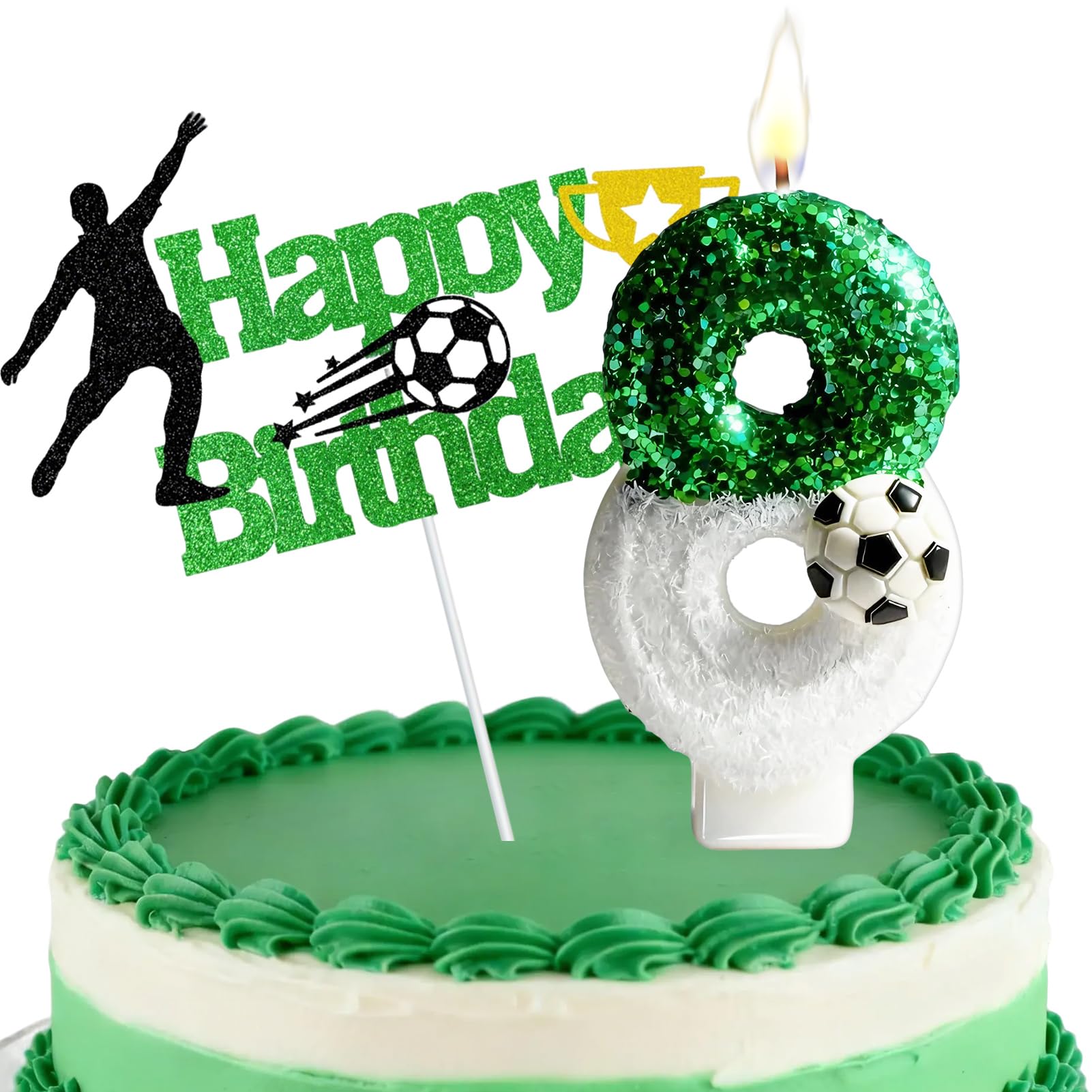 Football Number Candles, Birthday Candles for Cake, Cake Candles with Greeting Card for Birthday Party Wedding Anniversary Celebrations(8 Candle,Green&White) — image 1