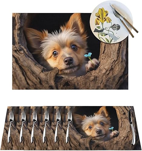 6 PCS PVC Placemats Set Place Mats A Puppy Sitting in a Tree Hole Non-Slip Weave Place Mats 12" x 18" Farmhouse Table Mat Set for Family Dinners