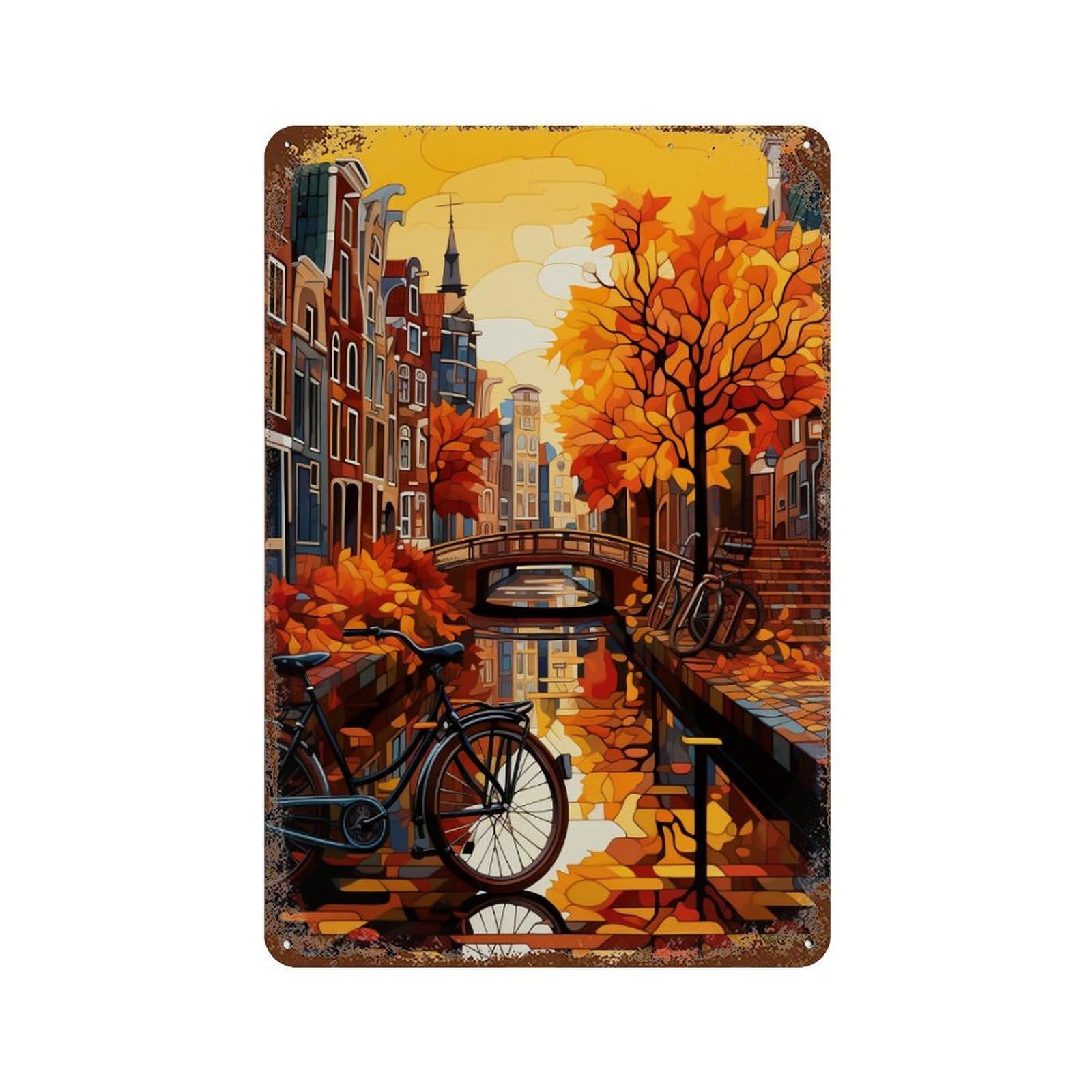 Distressed Metal Wall Sign with Autumn Canal Scene Design 11.8"x7.9", for Garage, Bar And Workshop Decor, Vintage Wall Decor