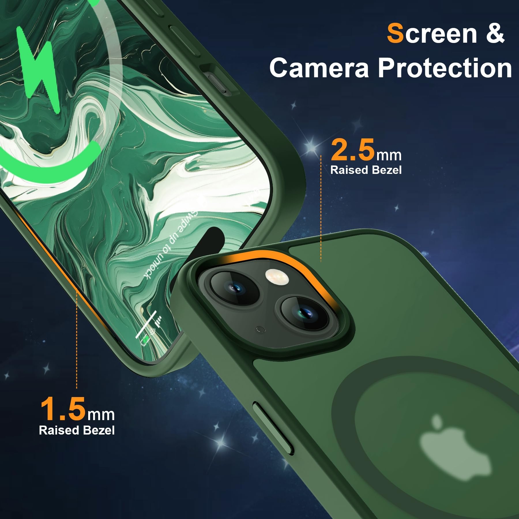 ORETECH Magnetica Opaca Cover per iPhone 14,Custodia iPhone 13 con 2X Vetro Temperato per Cellulare Protettiva Antiurto Protezione Militare Custodia per iPhone 14/13-Verde Scuro