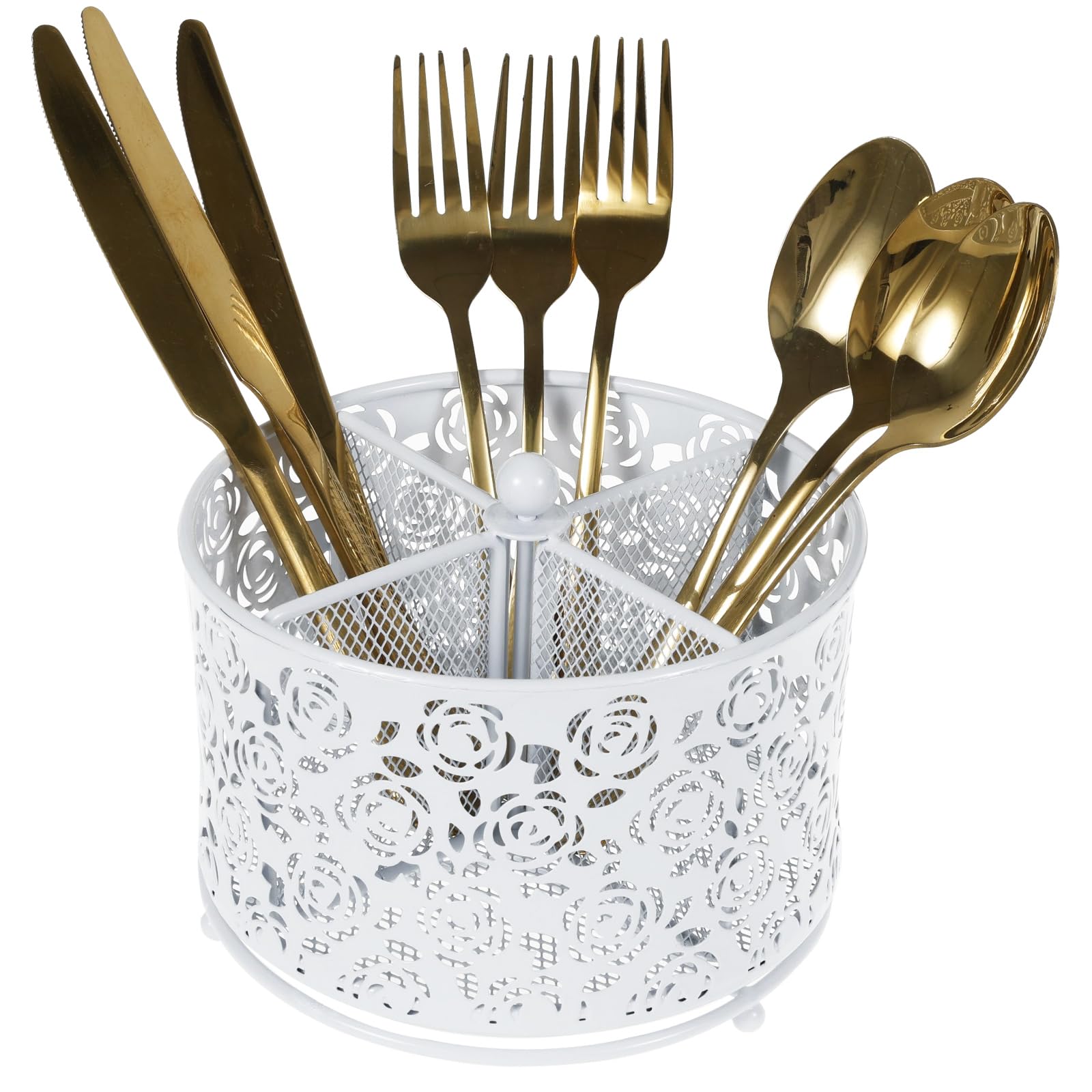 Metal Kitchen Utensil Holder,360° Rotating Silverware Cutlery Caddy Countertop,4 Compartment Fork Spoon Napkin Organizer Flatware Storage Basket for Kitchen Counter Party Office