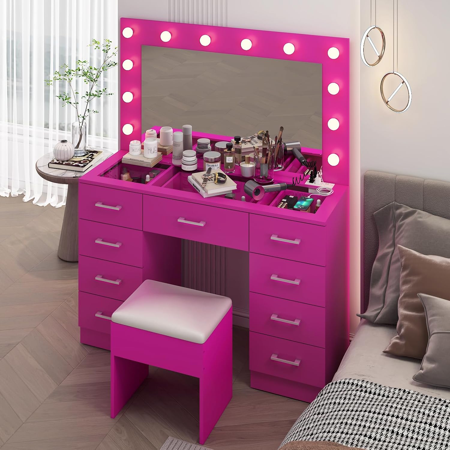 VINGLI Makeup Vanity Desk with Mirror and Lights, Dressing Table with 9 Drawers & Padded Stool, Makeup Table with Glass Top & 12 LED Light Bulbs & Power Outlet for Dressing Room Bed Room, Pink