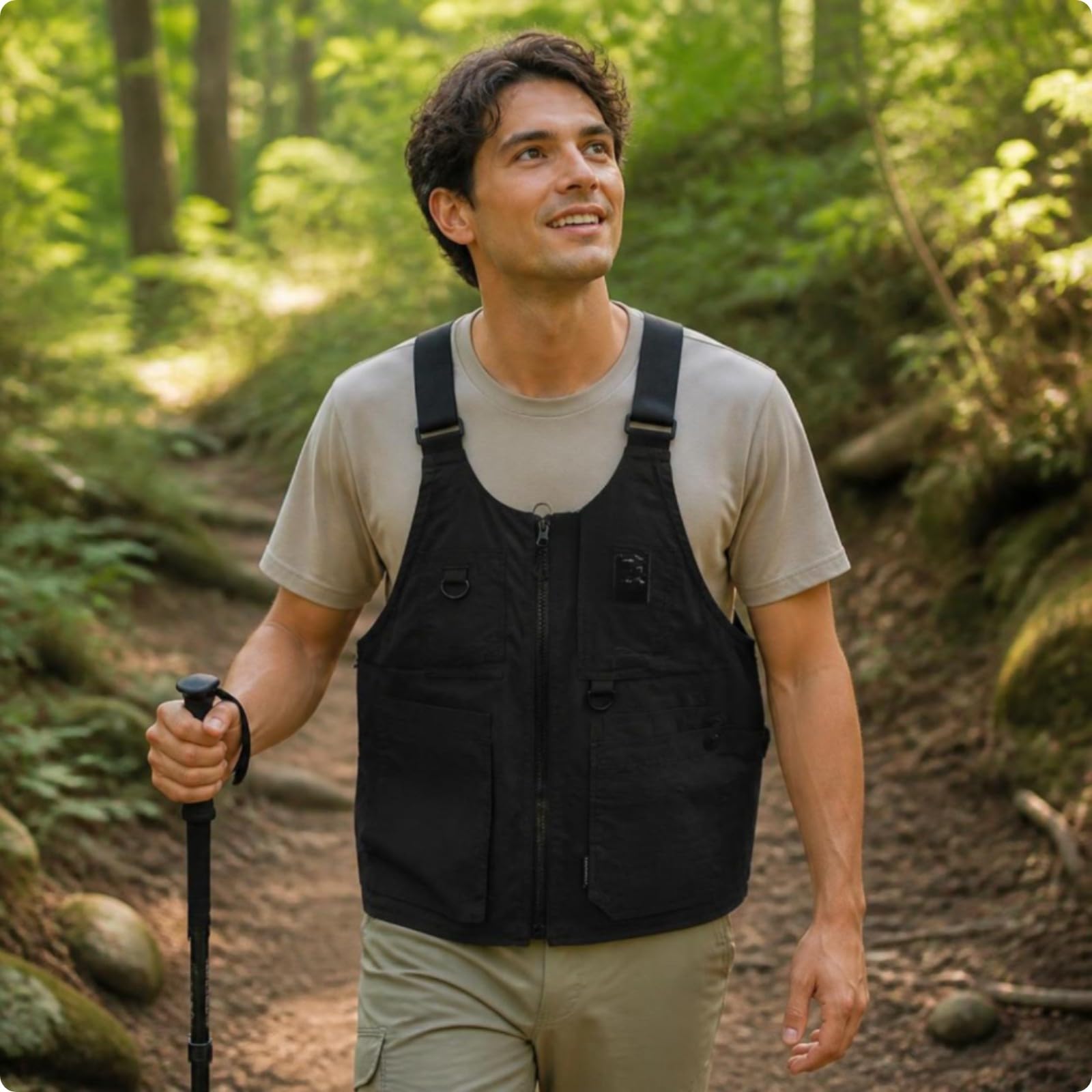 Gilet Trasformabile in Zaino | Tasche Frontali Multiple per Accessori, Gilet da Campeggio, Trekking, Nero