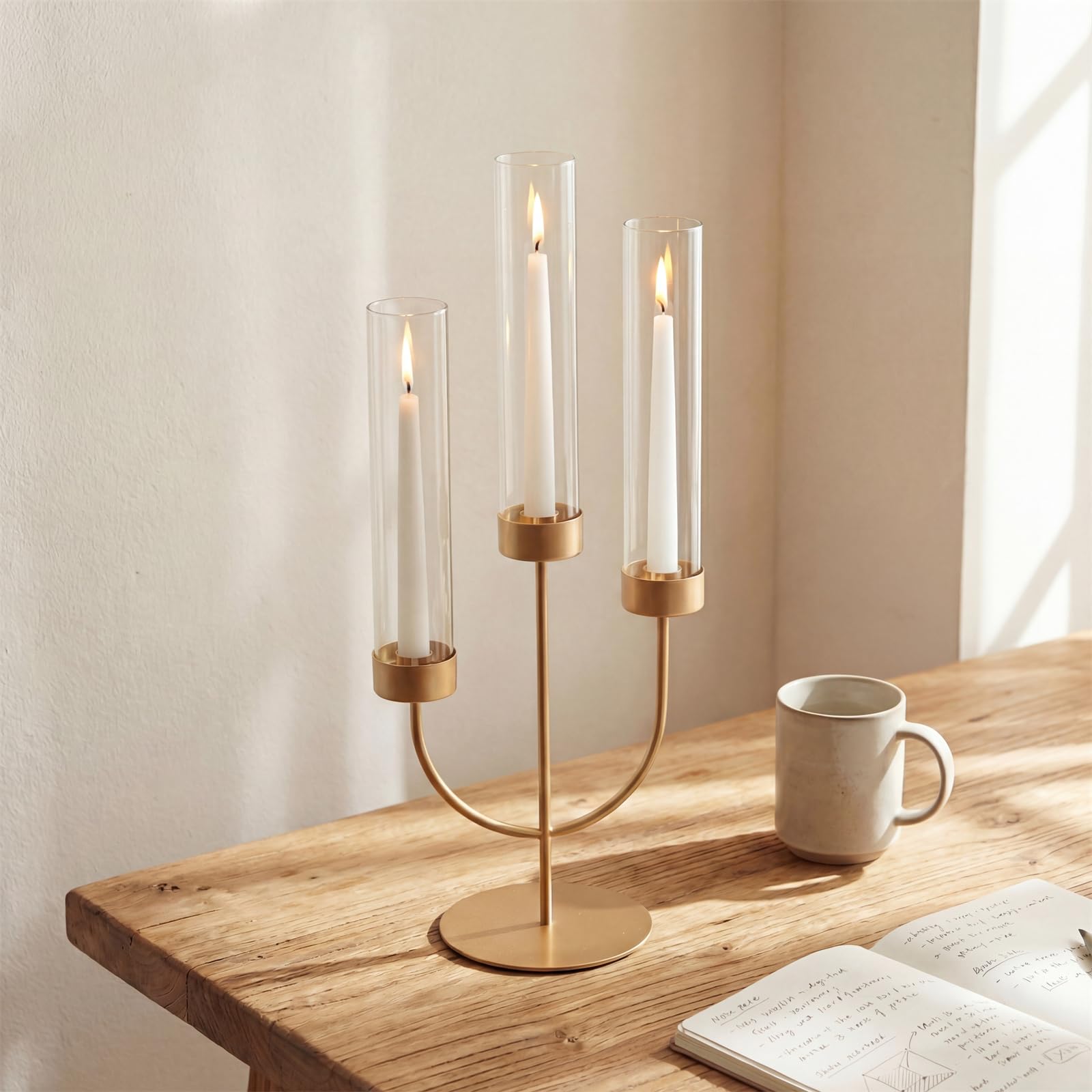 Sziqiqi Candelabro Oro: Centro de Mesa con 3 Brazos y Cristal Antiviento para Decoración de Navidad - Candelero Moderno para Exteriores