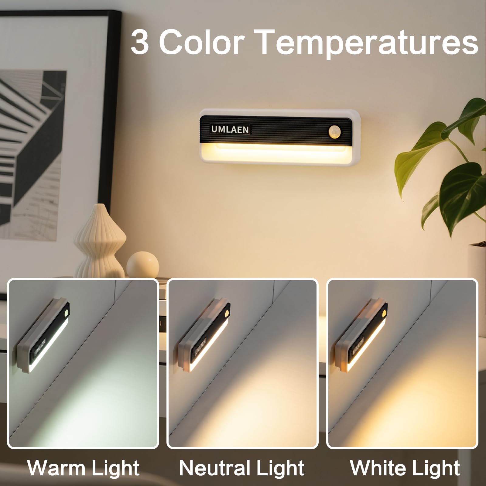 Confezione da 2 luci con sensore di movimento per interni, 1800 mAh, luce notturna ricaricabile con attivazione del movimento, 3 colori, 2 modalità, luci adesive per scale, camera da letto