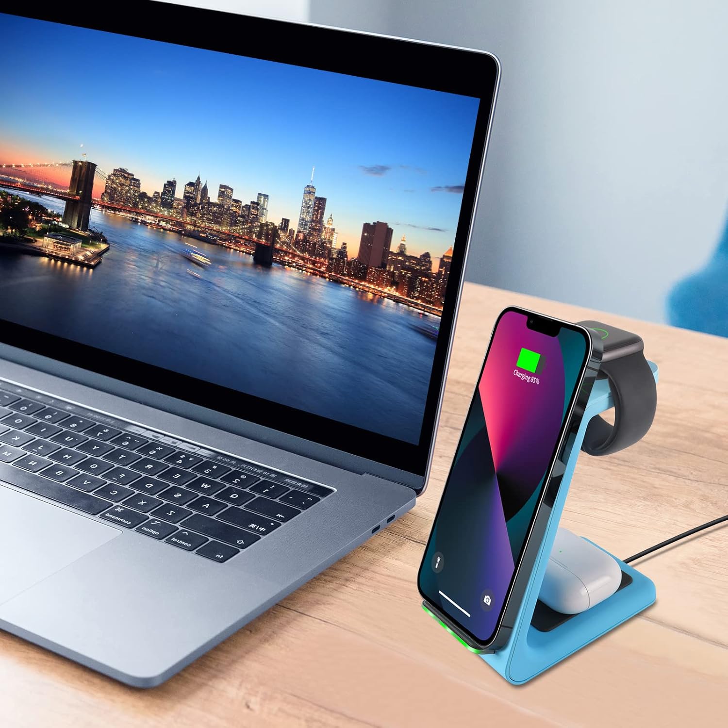 Wireless Charger Stand,YOCUNKER 3 in 1 Qi Fast Wireless Charging Station Dock for Apple Watch7/SE/6/5/4/3/2, Airpods Pro/3/2, iPhone 14/13/13 Pro/13 Pro Max/12/12 Pro/12 Pro Max/11/X/XR/XS Max (Blue)