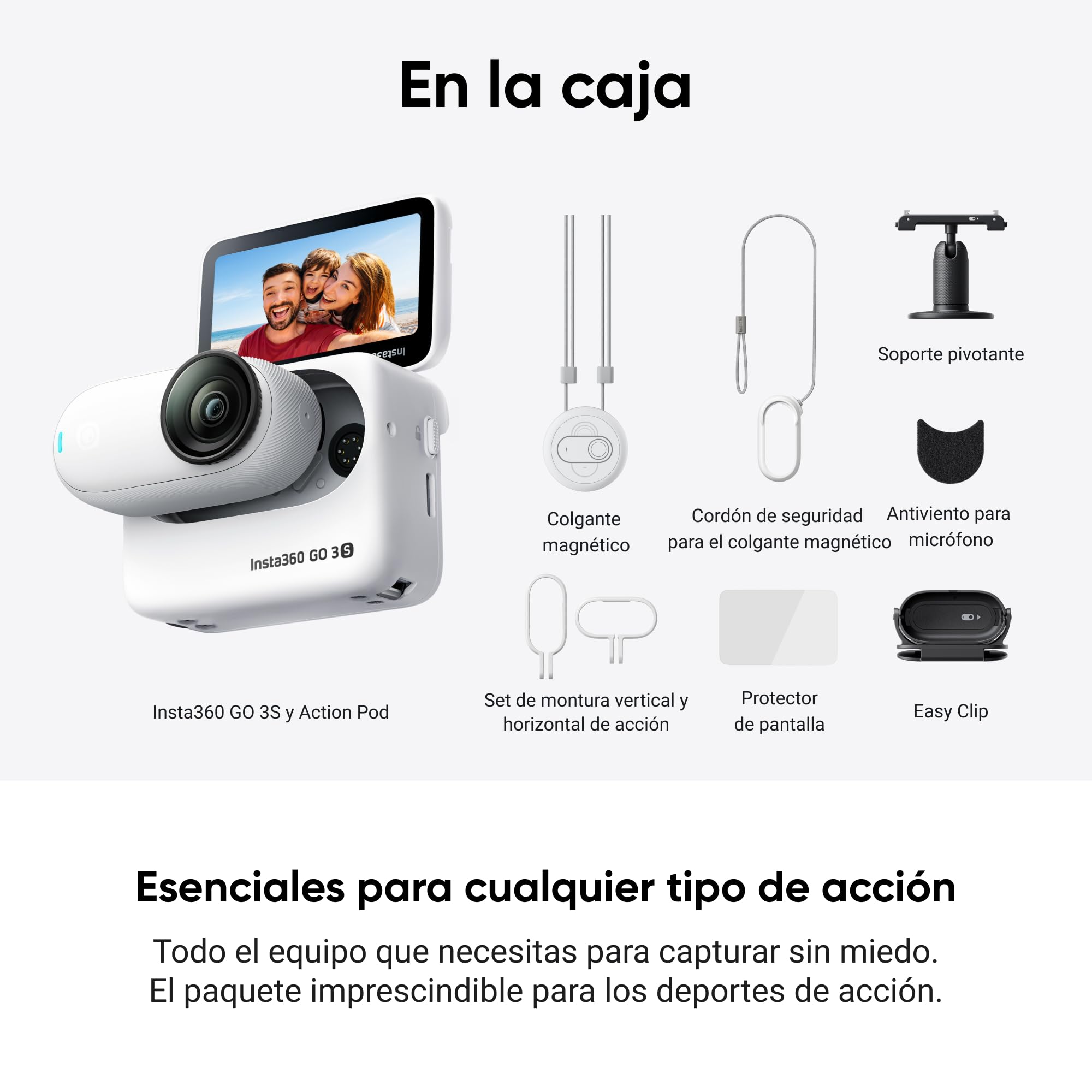 Insta360 GO 3S Paquete de Acción - Cámara Vlogging 4K, POV Manos Libres, Móntala Donde Quieras, Estabilización, 140 Min de batería, Impermeable 10 M, Edición IA, Apple Find My, Vlog, Viajes, Blanco