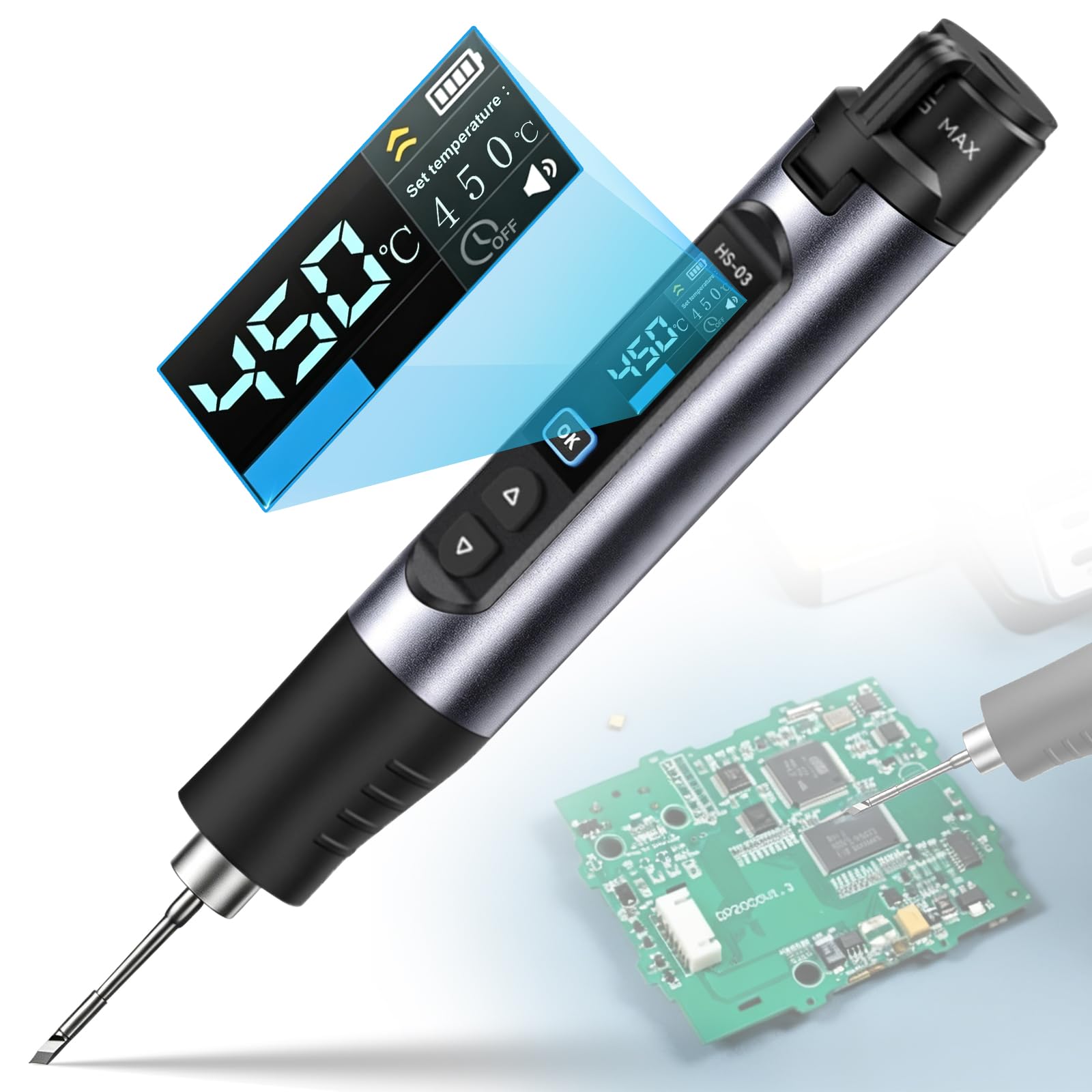 Set di Saldatore HS-03 Senza Fili, Set di Saldatore Ricaricabile a 5 Velocità con Temperatura Controllata, Pre-Impostato 7S, 250℃-450℃, Batteria da 2600mAh con 3 Punte di Saldatura per Riparazioni di