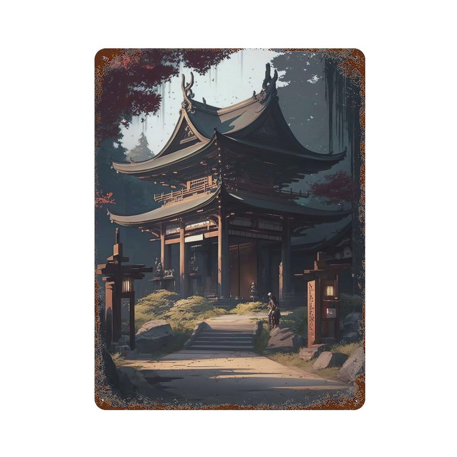 Pagoda at Day Decorative Tin Sign 15.7"x11.8", Retro Wall Decor for Living Room, Hallway And Home Decor