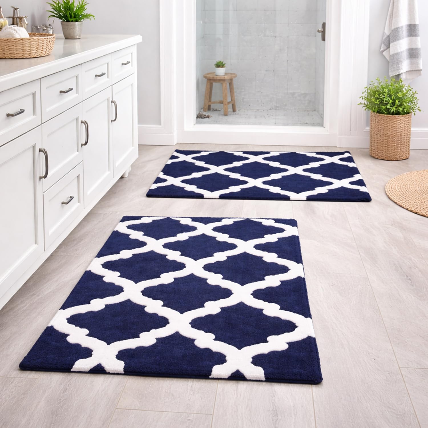 c23 trellis navy blue/white bathroom rug 2200 gsm set of 2-20"x32" & 16"x24" | ultra-thick high-density bath mat, non-slip luxury bathroom mat | hotel quality, machine washable bath rug, 2 pack
