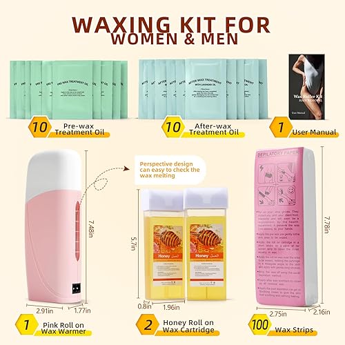 Miniatura 2 de Kit de cera enrollable para depilación, kit de depilación en casa para mujeres y hombres, 2 rollos de cera de miel para pieles sensibles, 100 tiras