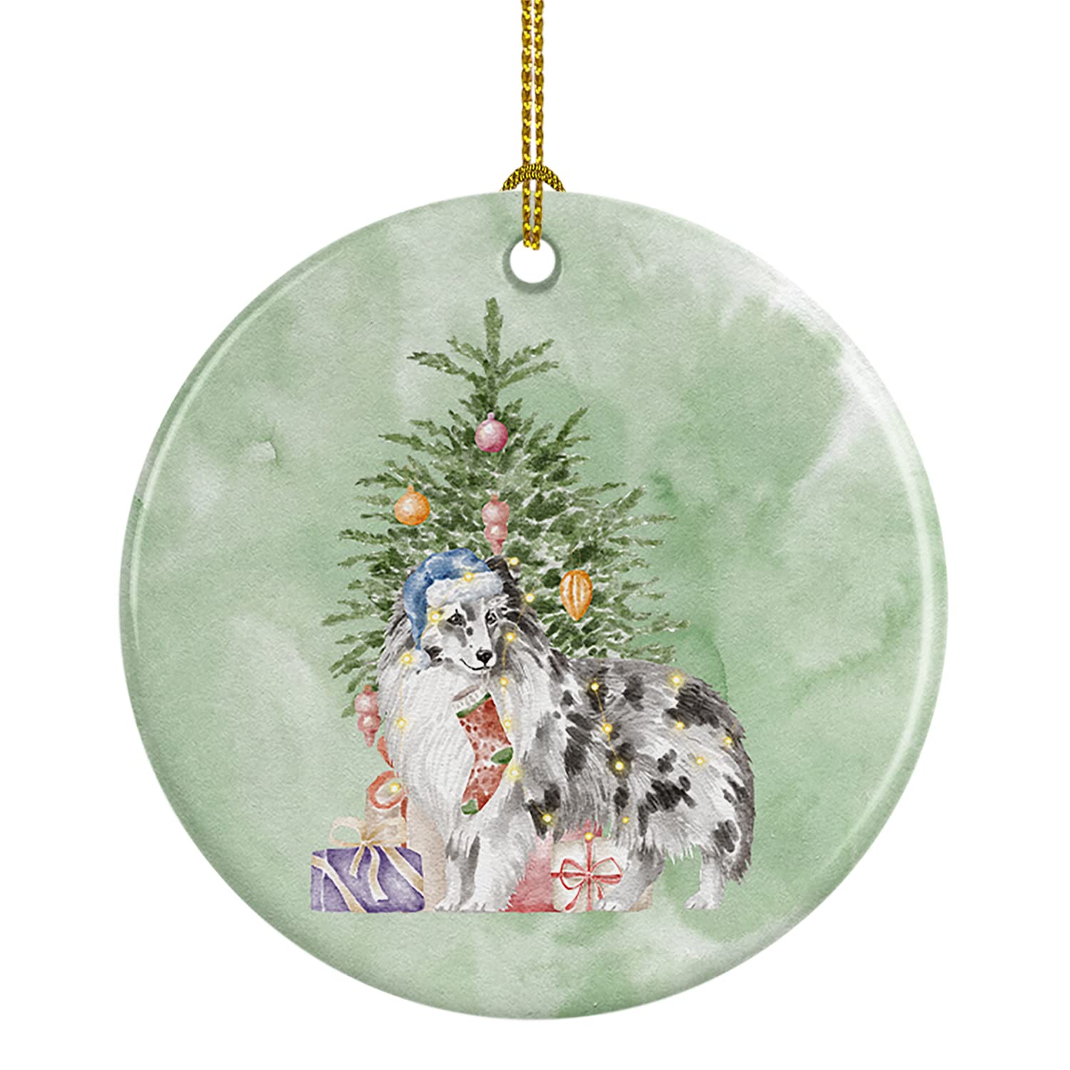 Caroline's Treasures Sheltie Blue Merle and Tree Ceramic Ornament Christmas Tree Hanging Decorations for Home Christmas Holiday, Party, Gift, 3 in, Multicolor
