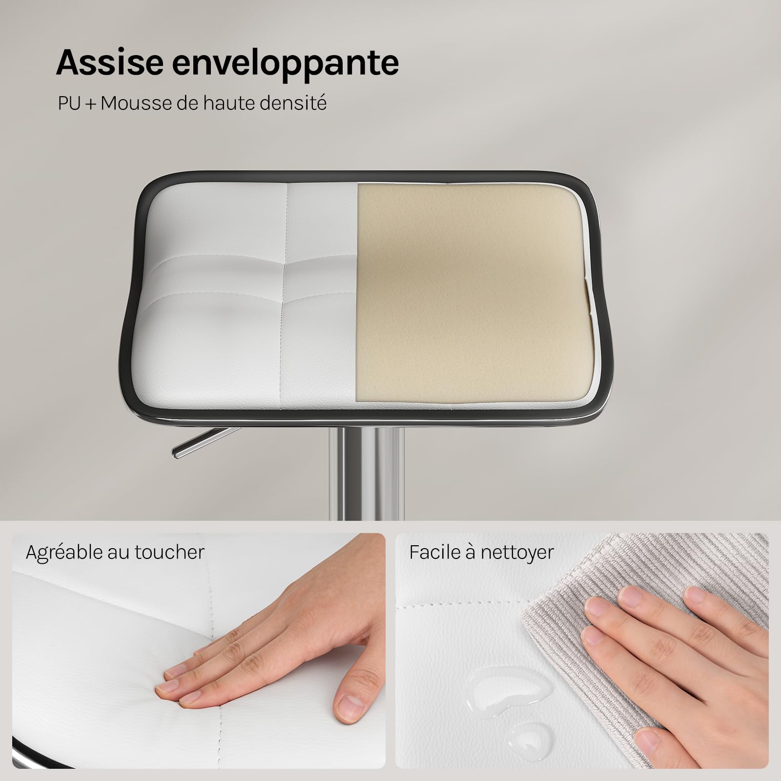WOLTU Tabourets de Bar Lot de 2, Réglable en Hauteur, PU, Blanc | Chaise Haute Cuisine avec Repose-Pieds, Pivotant à 360°, Tabouret pour Bar, Cuisine Salon, Métal