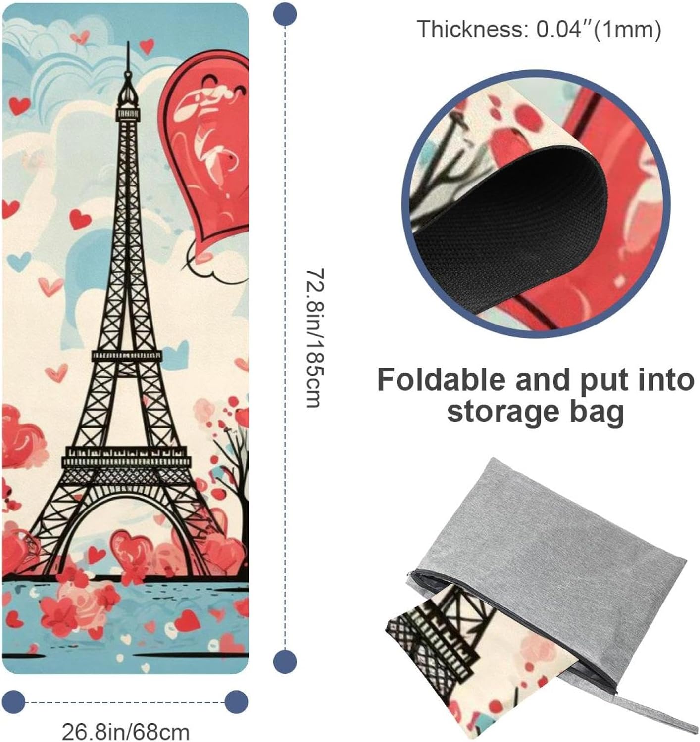 Yoga Towel, Eiffel Tower Valentine's Day Pattern Non Slip Sweat Absorbent Hot Yoga Mat Towel for Hot Yoga, Pilates and Fitness - 72.8" x 26.8"
