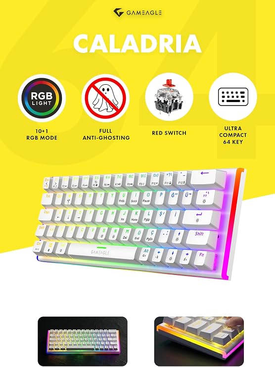 Gameagle%60 Mekanik Gaming Klavye, Tam Anti-Ghosting, 50 Milyon Tuş Ömrü, 11 Farklı RGB Efekt, 64 Tuşlu Oyuncu Klavyesi, ABS gövde, Türkçe Q Klavye, Win Tuş Kilidi, Beyaz Kırmızı Switch Klavye KB-27