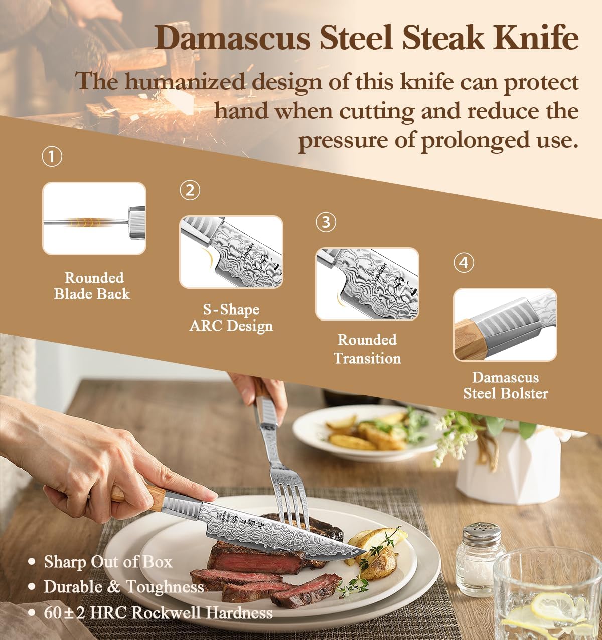 HEZHEN Steak Knife Set of 2, Non-serrated Blade, 67 Layers Damascus Steel Steak Knife with Fork, Luxury Dinner Knife and Fork Set for Gift, Octagonal Olive Wood Handle