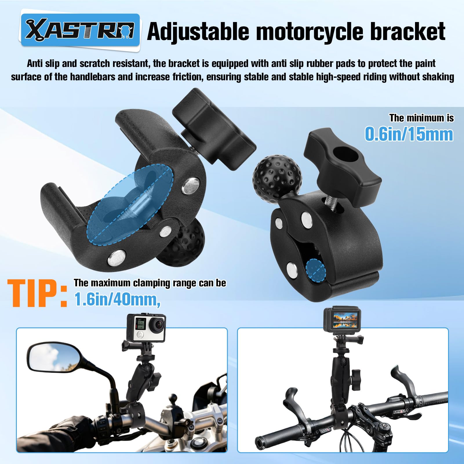 Xastro Supporto da moto per Insta360 X4 X5, morsetto per fotocamera, supporto per bicicletta con bastone per selfie invisibile da 27-120 cm, doppio morsetto, compatibile con accessori per fotocamera