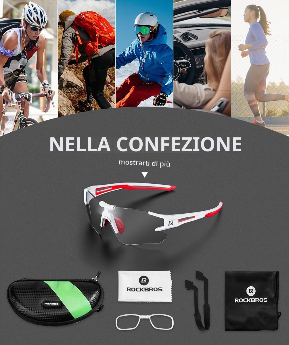 ROCKBROS Occhiali Ciclismo Fotocromatici Uomo Donna, Occhiali da Sole Sportivi per Bici MTB Bicicletta, PC Lenti Fotocromatiche, Protezione UV400, Ultraleggero