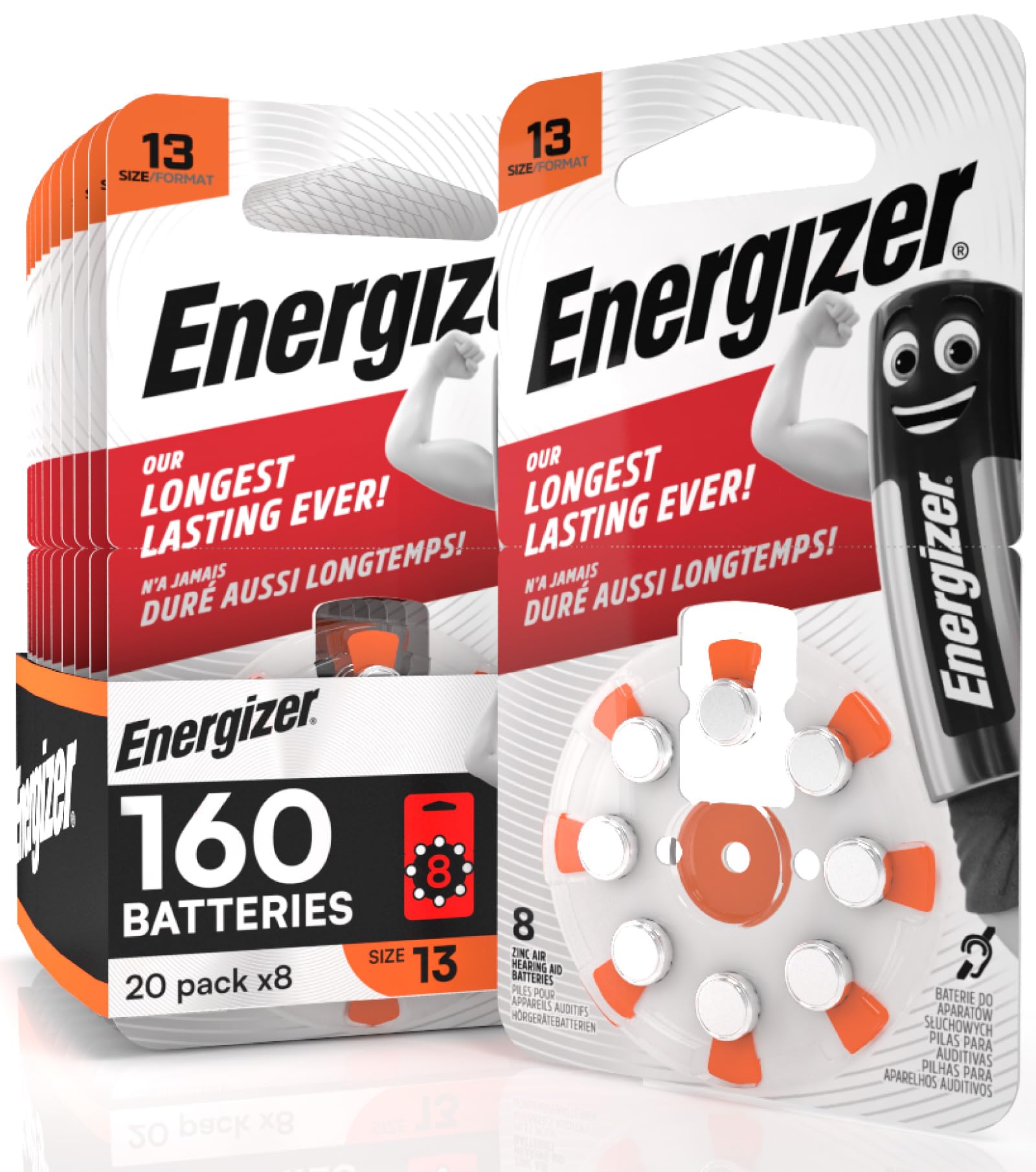Lot de 20 piles acoustiques énergétiques pour appareils auditiques, taille 13 orange, sans mercure, 20 paquets de 8 piles
