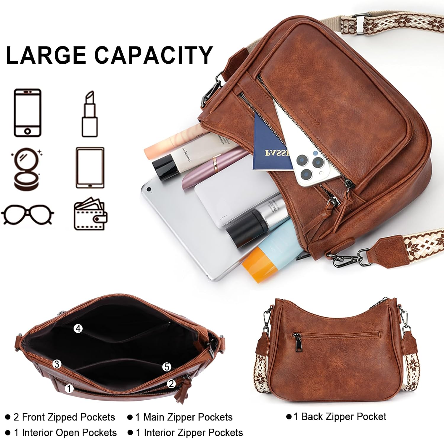 Crossbody Purses for Women Trendy Leather Crossbody Bag,Multi Pocket Shoulder Handbag Lightweight Travel Purse - Image 3
