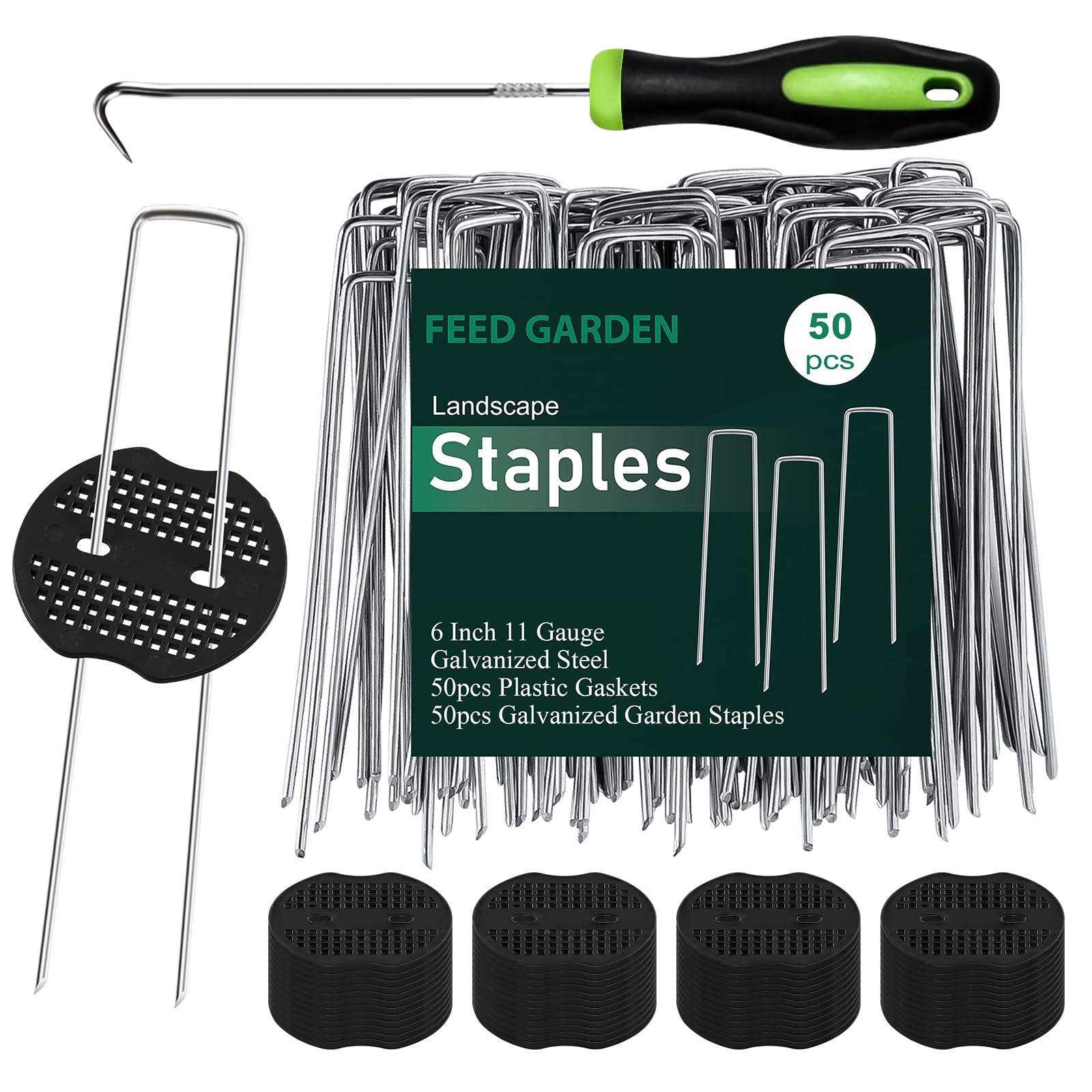 FEED GARDEN 6 Inch 50 Pcs Galvanized Landscape Staples 50 Pcs Gaskets Pick Hook Garden Stakes 11 Gauge Anti-Rust Landscaping Fabric SOD Pins U Shaped Yard Turf Stakes for Weed Barrier Fabric