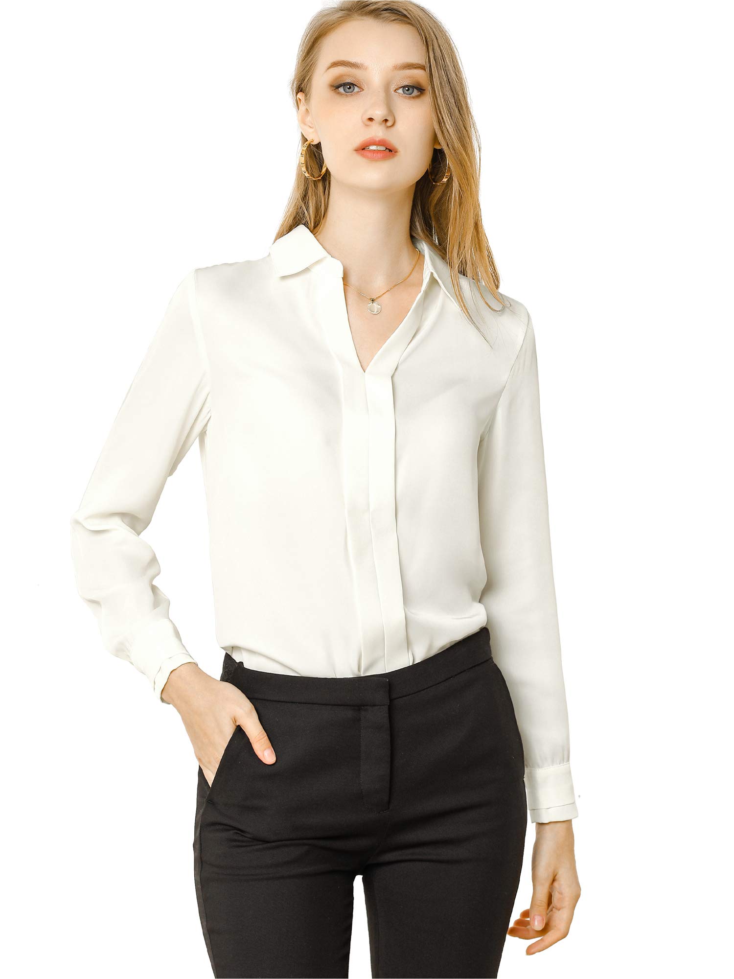 Allegra K Women's Silk Top Elegant V Neck Satin Blouse Long Sleeve Dressy Business Shirt Work Tops 2025, White, L