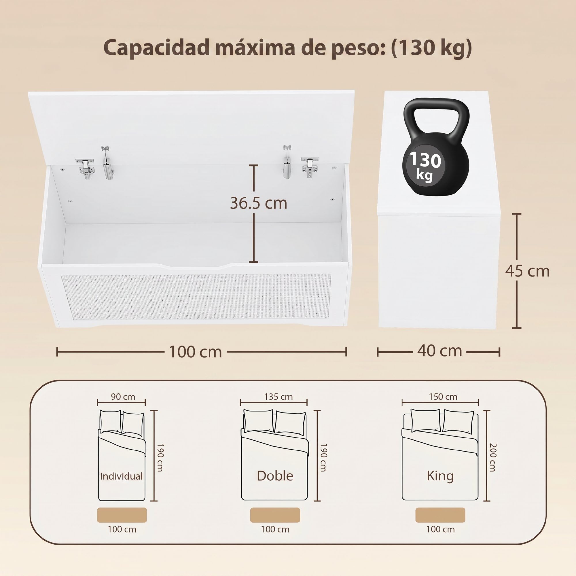 HOMCOM Baúl de Almacenaje 136L Banco de Almacenaje 100x40x45 cm Blanco | Panel de Ratán, Tapa Elevable, Brazos de Soporte, Diseño Sin Tiradores, para Recibidor, Pasillo, Dormitorio, Salón