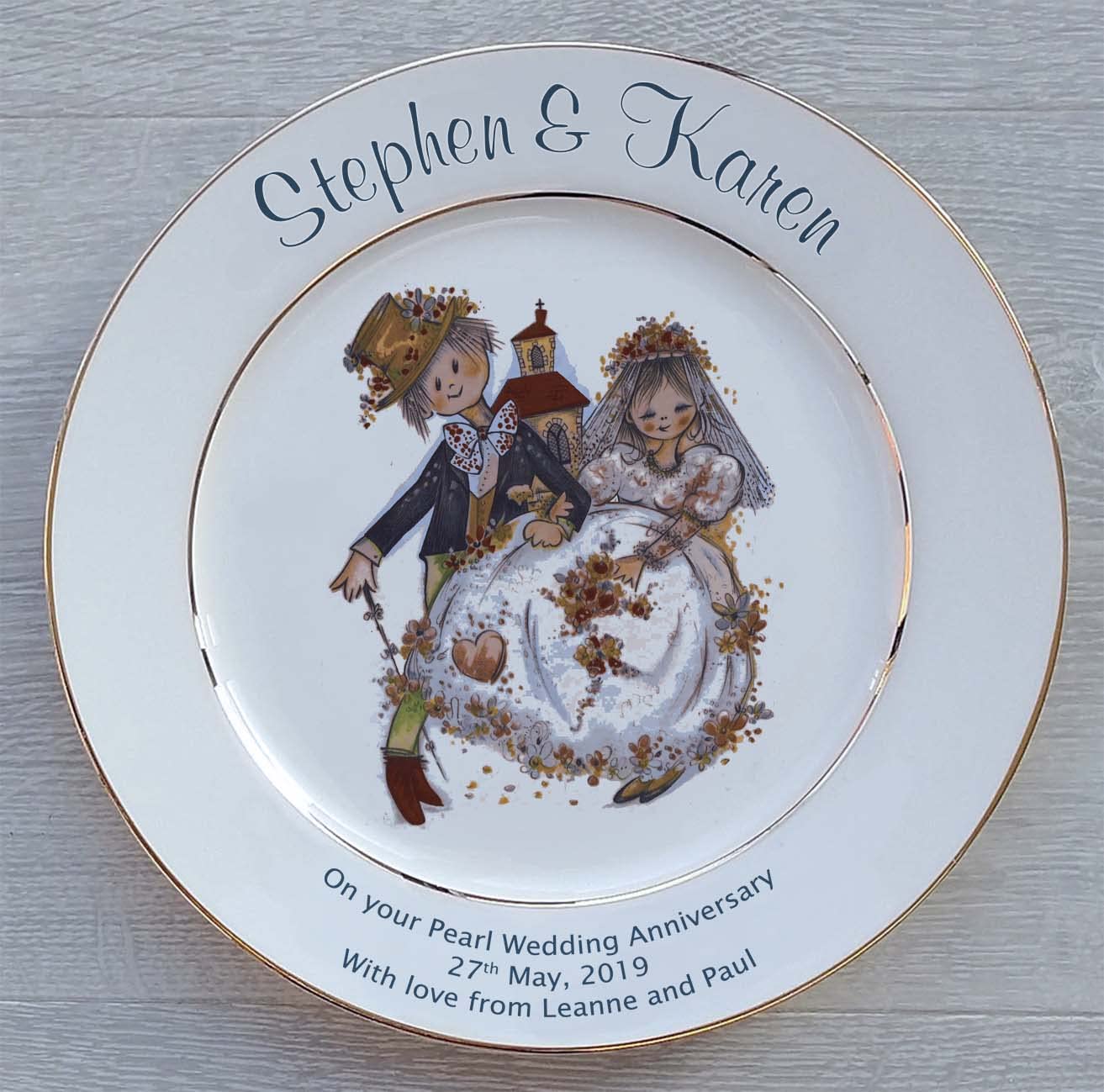 All About Names Personalised Pearl (30th) Wedding Anniversary Plate - Wedding Couple & Church Design - Gold Bands On Rim