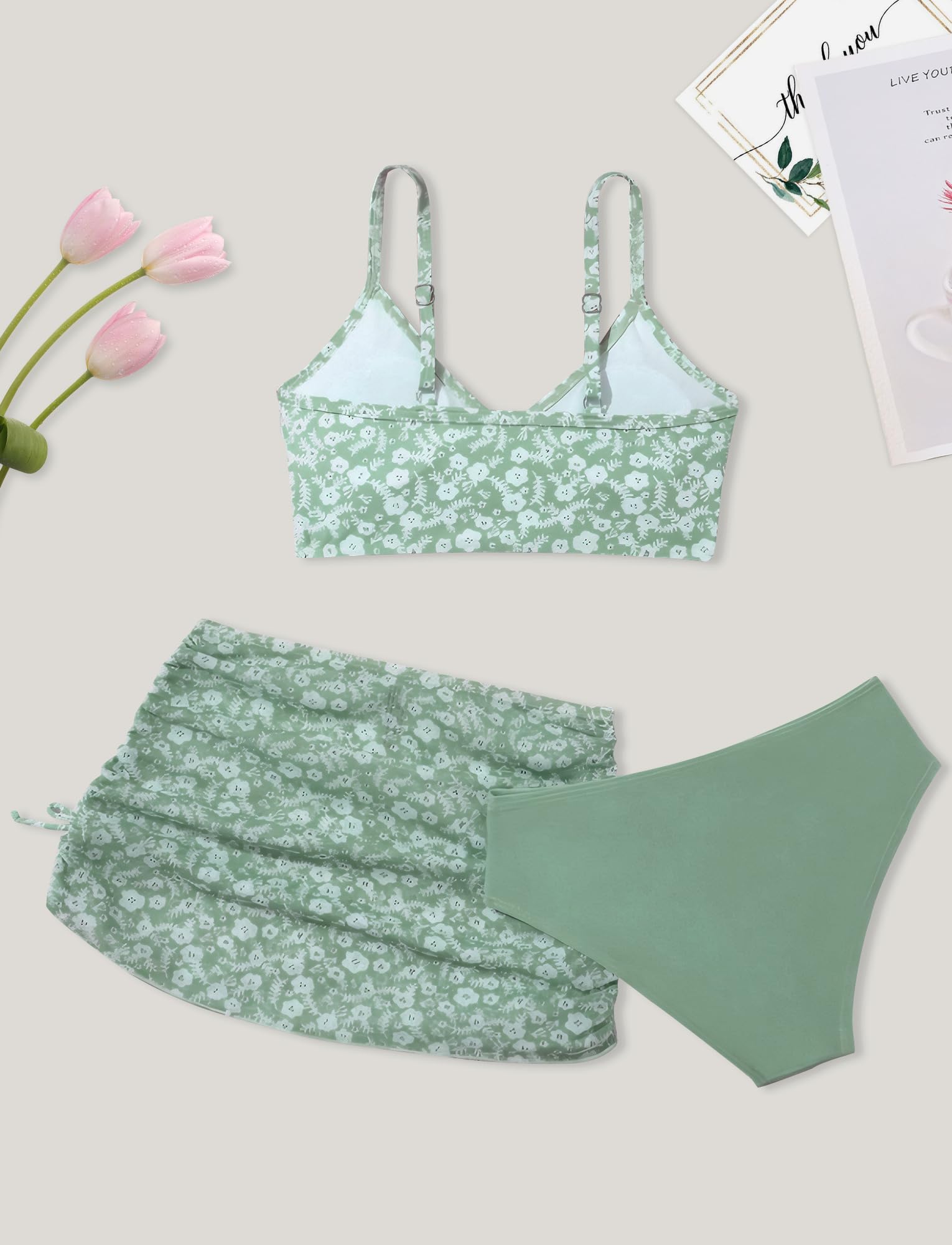 Maeau Maillot de Bain Trois Pièces Fille, Ensemble de Plage Imprimée Enfant, Bikini Haut+Bikini Short+Jupe Couverte, Costume de Bain et Plage, 8-14 Ans/130-160cm