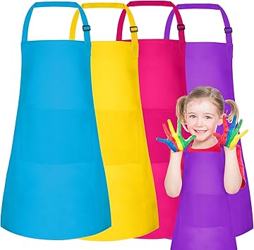 PLULON 4 Pcs Kids Apron for Painting Adjustable Children Art Apron with 2 Pockets Artist Smock Bulk for Baking Painting Cooking Activity - 4 Colors