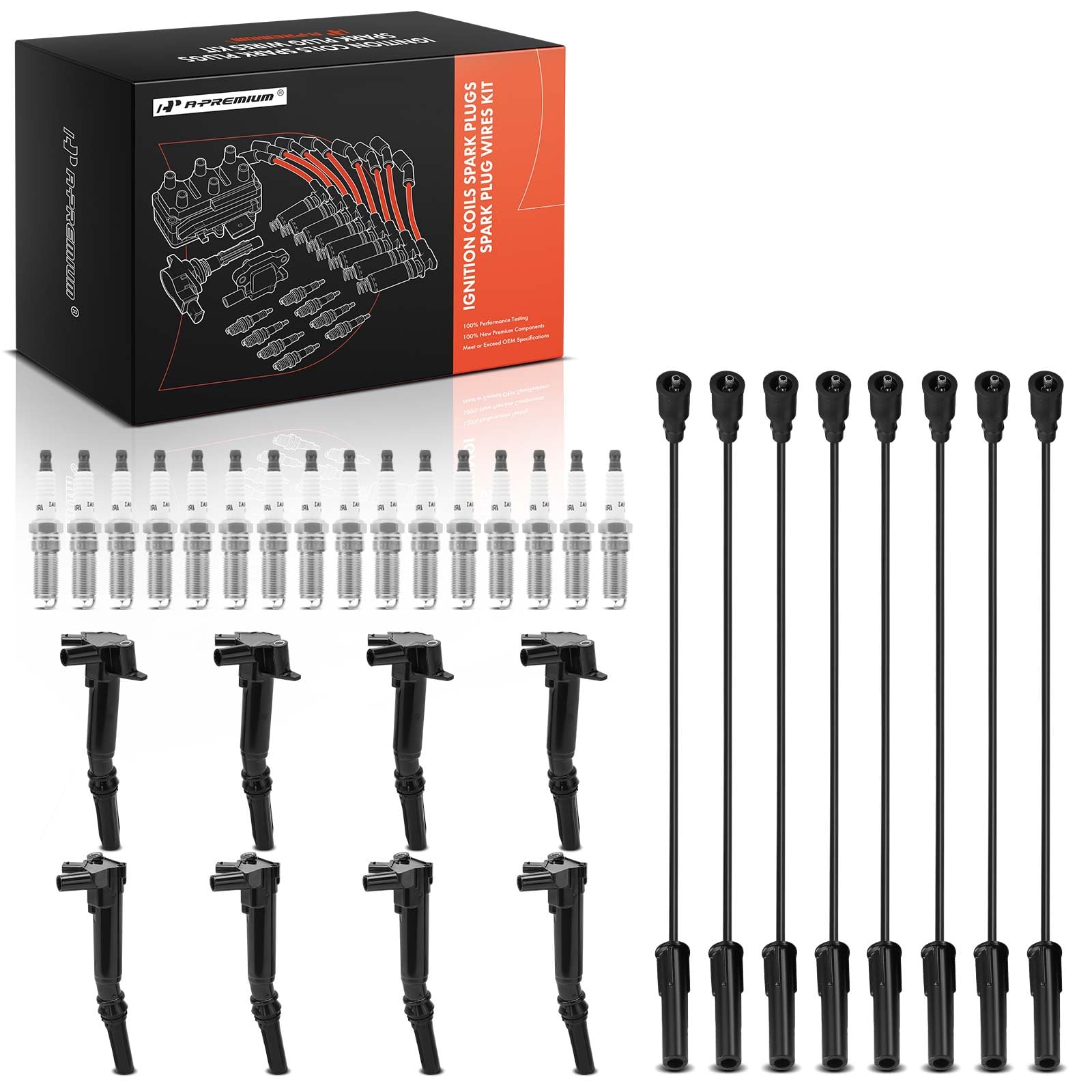 A-Premium 8 Ignition Coils with 8 Spark Plug Wires and 16 Iridium Spark Plugs Compatible with Ford F-250 Super Duty, F-350 Super Duty, 2018 2019 2020