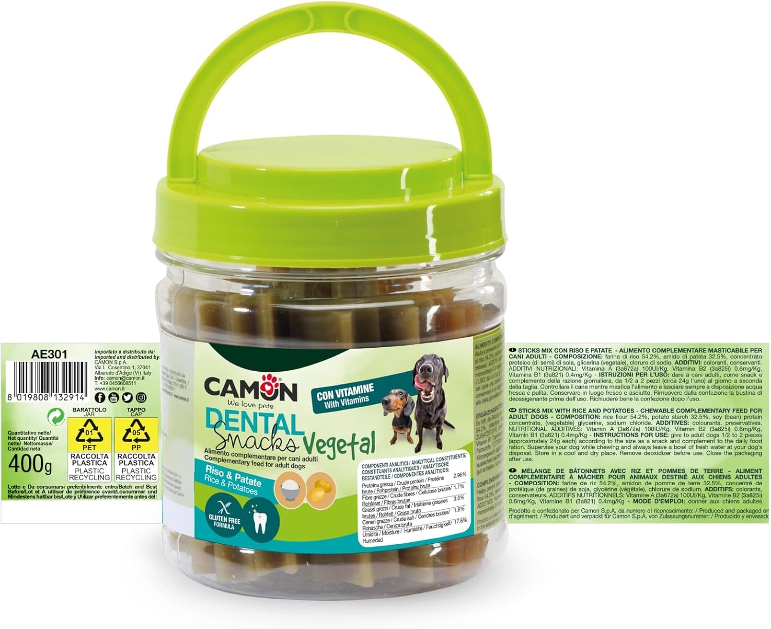 SET OFFERTA 3 Confezioni Dental Snack Vegetal (Totale 1.2kg) - Snack Cani Senza Glutine Riso e Patate - Bastoncini 8 cm per Pulizia Denti e Rimozione Tartaro - Alimento Complementare con Vitamine