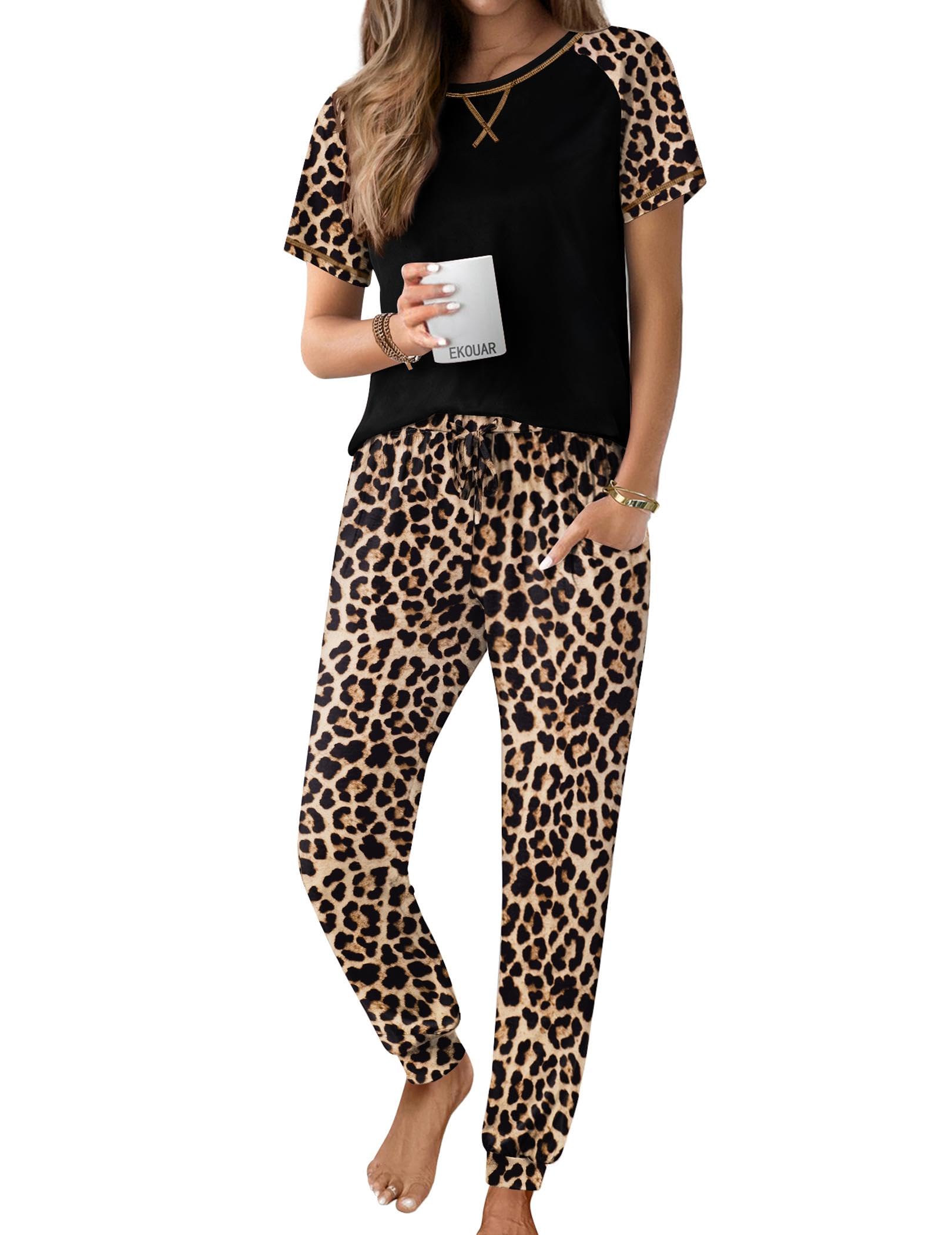 Ekouaer Womens Jogger Pajamas Sets 2 Piece Raglan Short Sleeve Pjs Lounge Set Soft Sleepwear with Pockets S-XXL