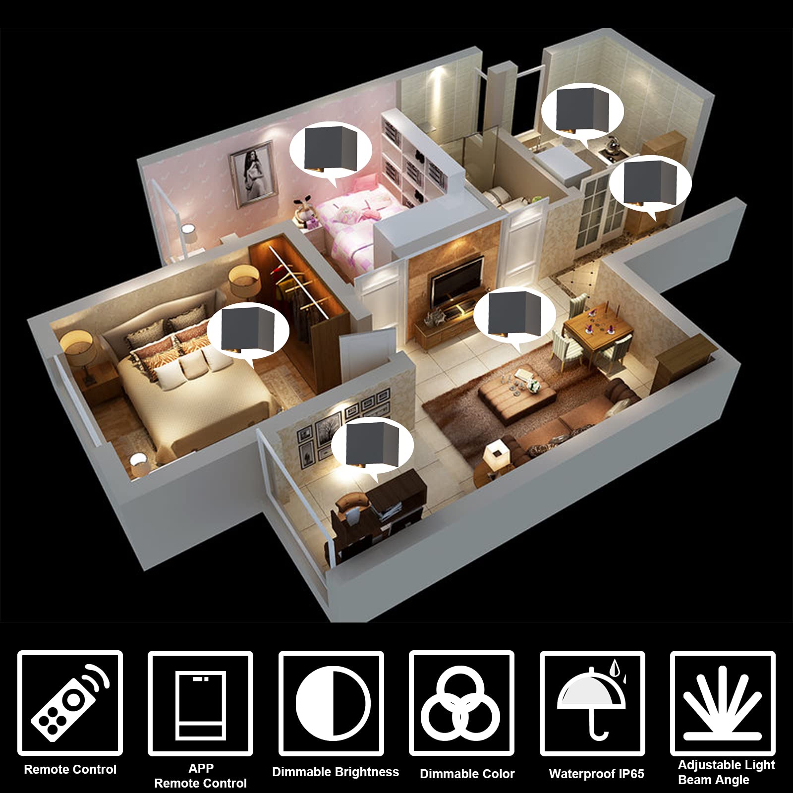 K-Bright Lampada da parete intelligente a 2 pezzi, applique LED dimmerabili, Illuminazione da parete 3000K-6000K con telecomando, angolo del fascio regolabile IP65 per interni/esterni, grigio scuro