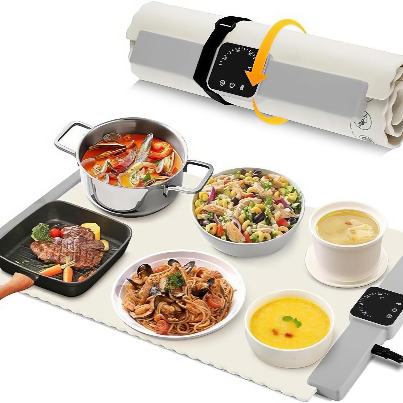 Vassoio riscaldante elettrico, portatile, con temperatura e timer regolabili, tappetino riscaldante pieghevole in silicone per buffet e ristoranti
