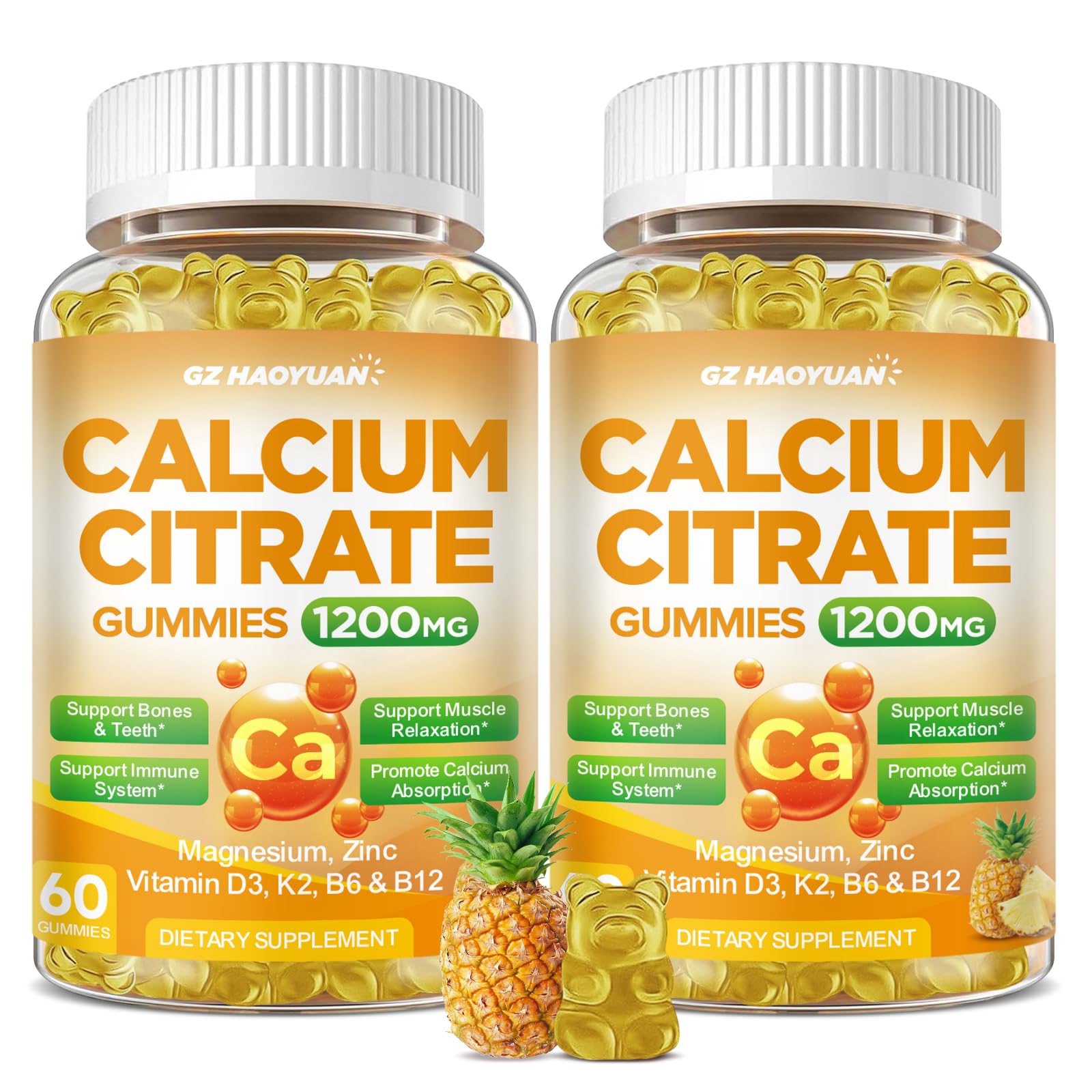 Calcium Citrate Gummies - 1200mg Calcium Gummies Supplements for Women & Men with Vitamin D3, K2, Magnesium, Zinc High Absorption for Muscle & Immune Support, Pineapple Flavor, 120 Count Pineapple 60 Count (Pack of 2)