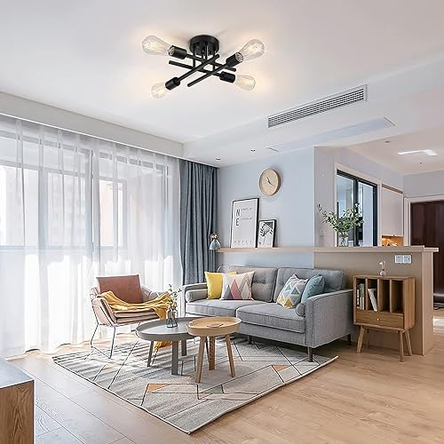 Miniatura 4 de Lámpara de techo industrial semiempotrada de 4 luces iluminación moderna de granja negra mate lámpara de techo Sputnik rústica para cocina Negro