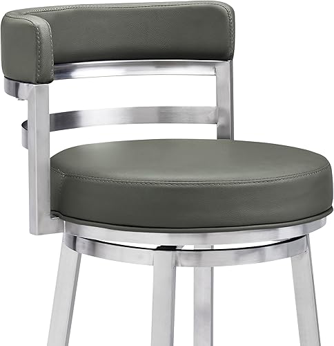 Miniatura 70 de Armen Living Madrid - Taburete giratorio de 30 pulgadas de altura de barra de cuero sintético gris moderno y acero inoxidable cepillado para Gris y